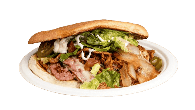 Sandwich with meat, lettuce, onions, and sauce.